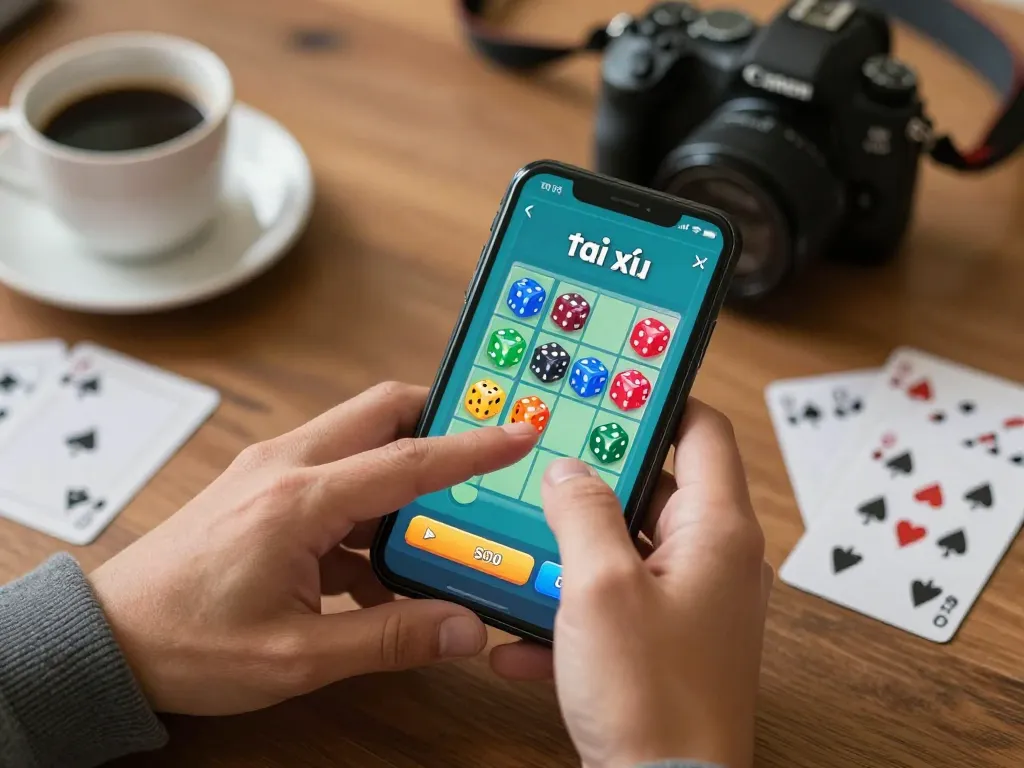 Player enjoying the app tài xỉu online on smartphone, with dice and betting layout visible on the screen