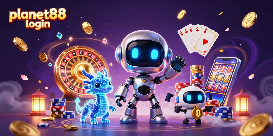 Spin the reels at planet88 login with a neon robot, vibrant poker chips, and sparkling winnings.