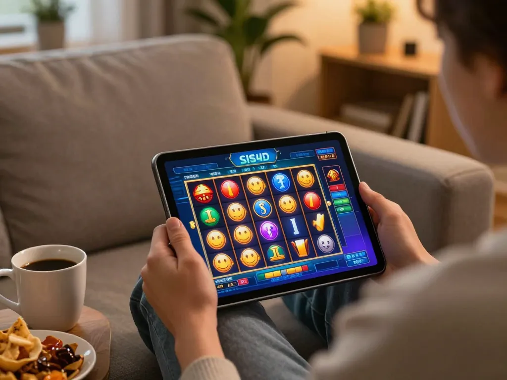 SIS4D online slots gaming session shows a player engaging with vibrant slot reels on a tablet.