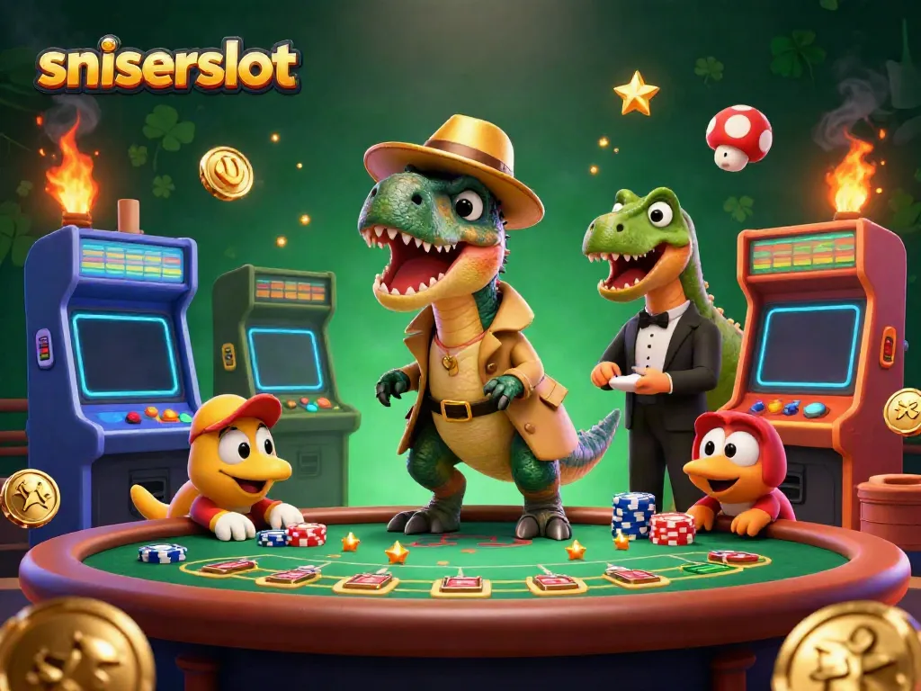 Memenangkan jackpot di sniperslot dengan velociraptor dan stegosaurus dalam suasana kasino yang meriah.