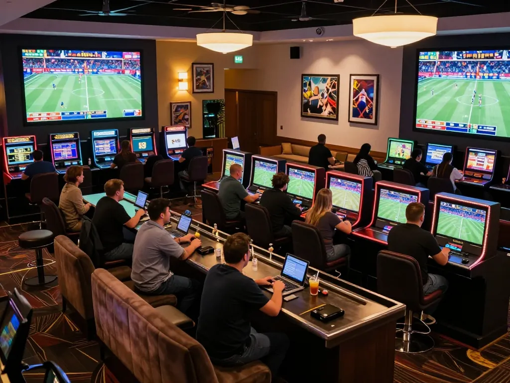 Fans placing bets at MAX88 sports lounge, enjoying live events with vibrant atmosphere and excitement.