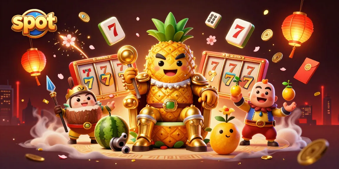 Spin the slot reels in a colorful casino scene featuring a pineapple king and golden characters.