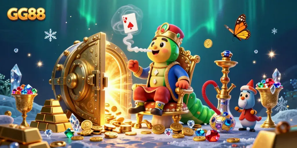 Win big with GG88 in this vibrant casino-themed illustration featuring unique characters and game elements.