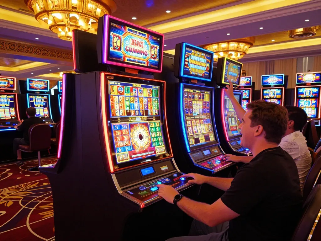 Players spinning slot machines in a vibrant casino atmosphere celebrating wins.
