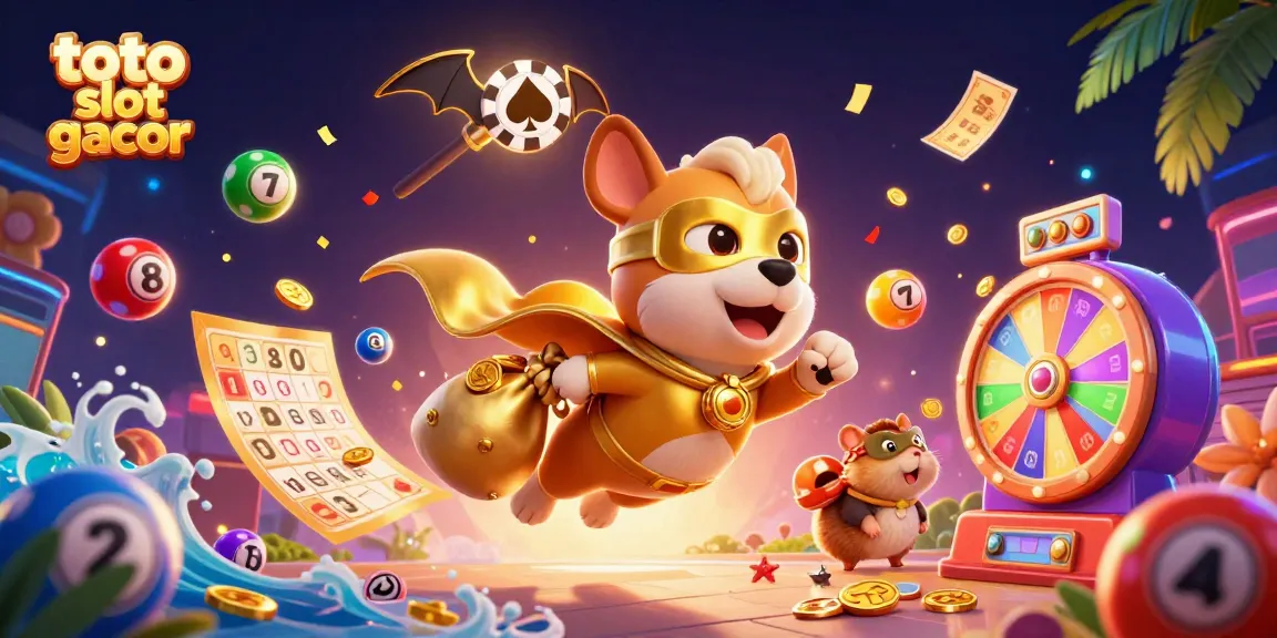 Menggoda keberuntungan di toto slot gacor dengan superhero anjing dan hamster di tengah permainan lotere yang ceria.