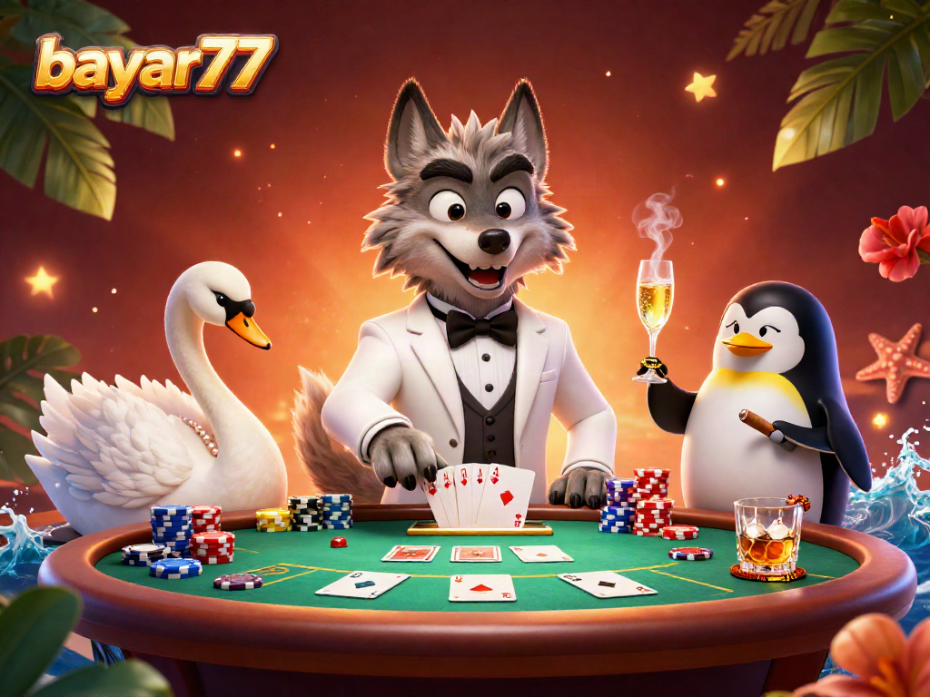 Bermain di meja casino bayar77 dengan karakter serigala dan angsa dalam desain 3D yang penuh warna.