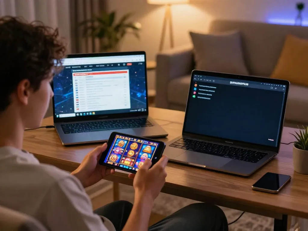 Pengguna memainkan slot gacor di BUKUMIMPI138 dengan perangkat mobile dan laptop, suasana nyaman.