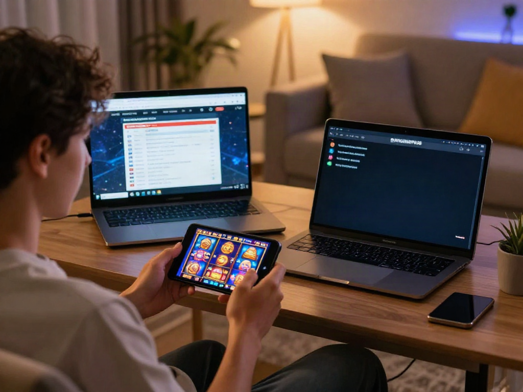 Pengguna memainkan slot gacor di BUKUMIMPI138 dengan perangkat mobile dan laptop, suasana nyaman.