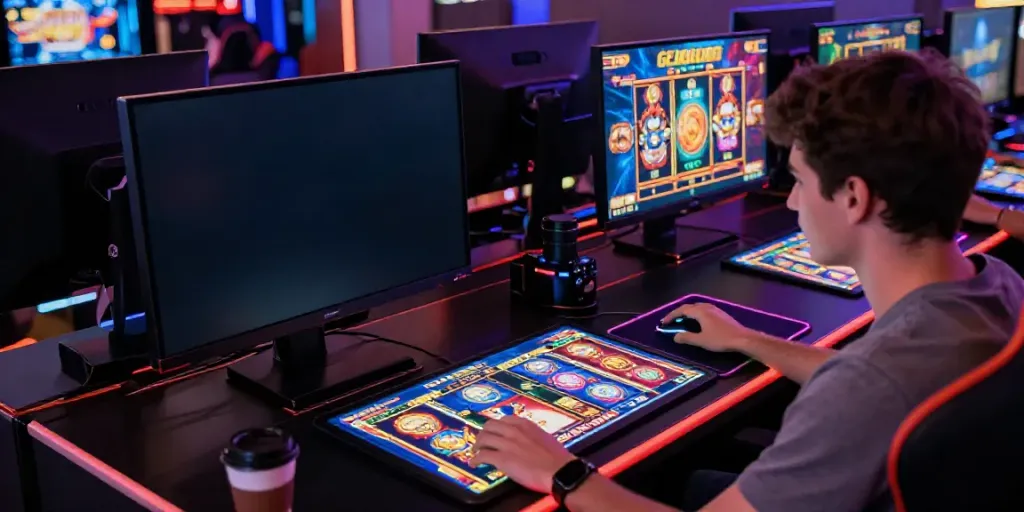 Pengalaman bermain slot gacor secara online dengan meja gaming modern dan pemain memilih permainan.