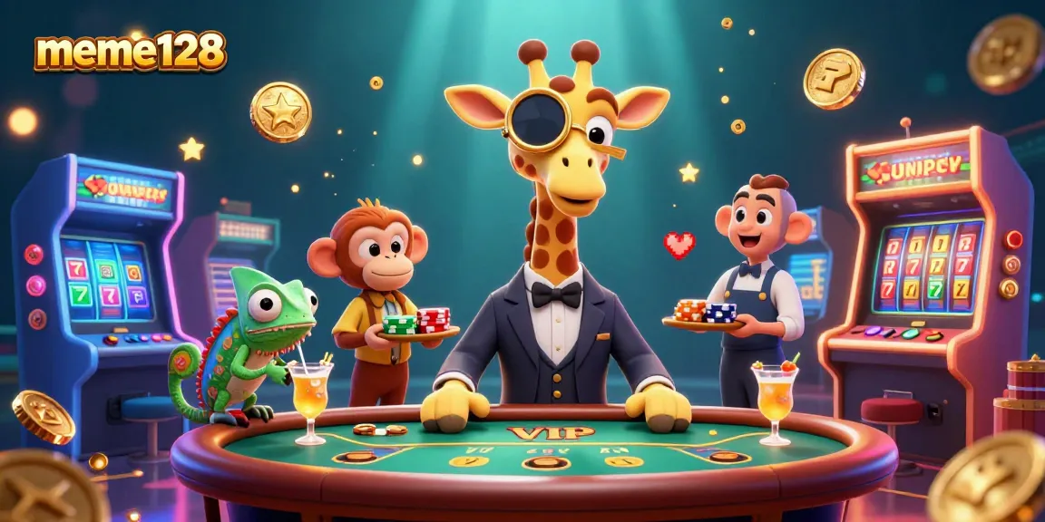 Experience thrilling gameplay at meme128 with a vibrant illustration of animated casino characters and gaming elements.
