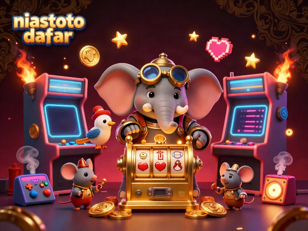 Gambar niastoto daftar yang menggambarkan elefant steampunk mengoperasikan mesin slot emas dengan elemen permainan kasino di sekitarnya.