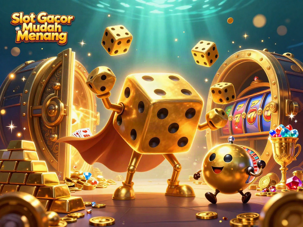 Slot Gacor Mudah Menang menghadirkan ilustrasi 3D dengan dadu emas dan simbol slot yang memukau.