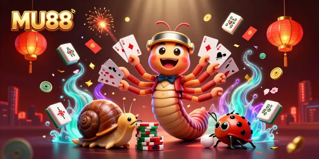Engage in the thrilling experience of MU88 with a lively casino scene featuring vibrant characters and elements.