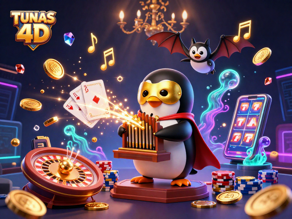 TUNAS 4D offers engaging gameplay with a penguin organist showering coins in an exciting casino scene.