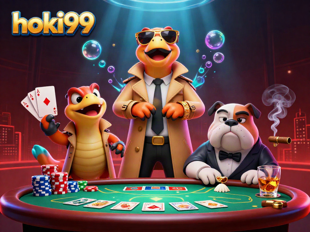 Rasakan keseruan bermain di hoki99 dengan ilustrasi kartun kasino yang ceria.