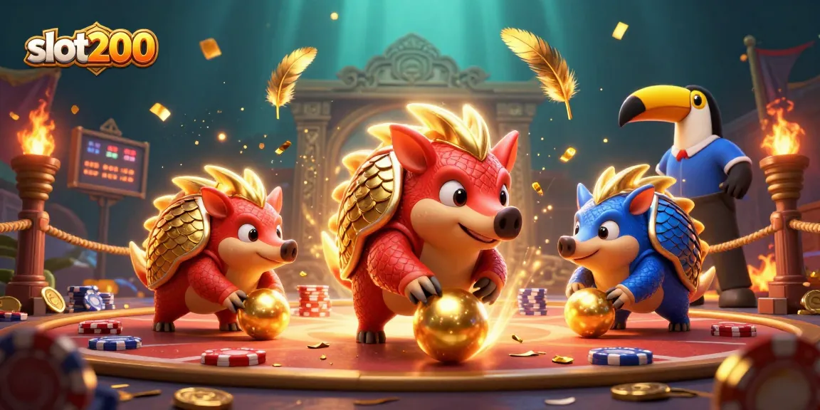 Slot200 menghadirkan pangolin bertarung di antara chip poker dan koin emas pada arena kasino yang meriah.