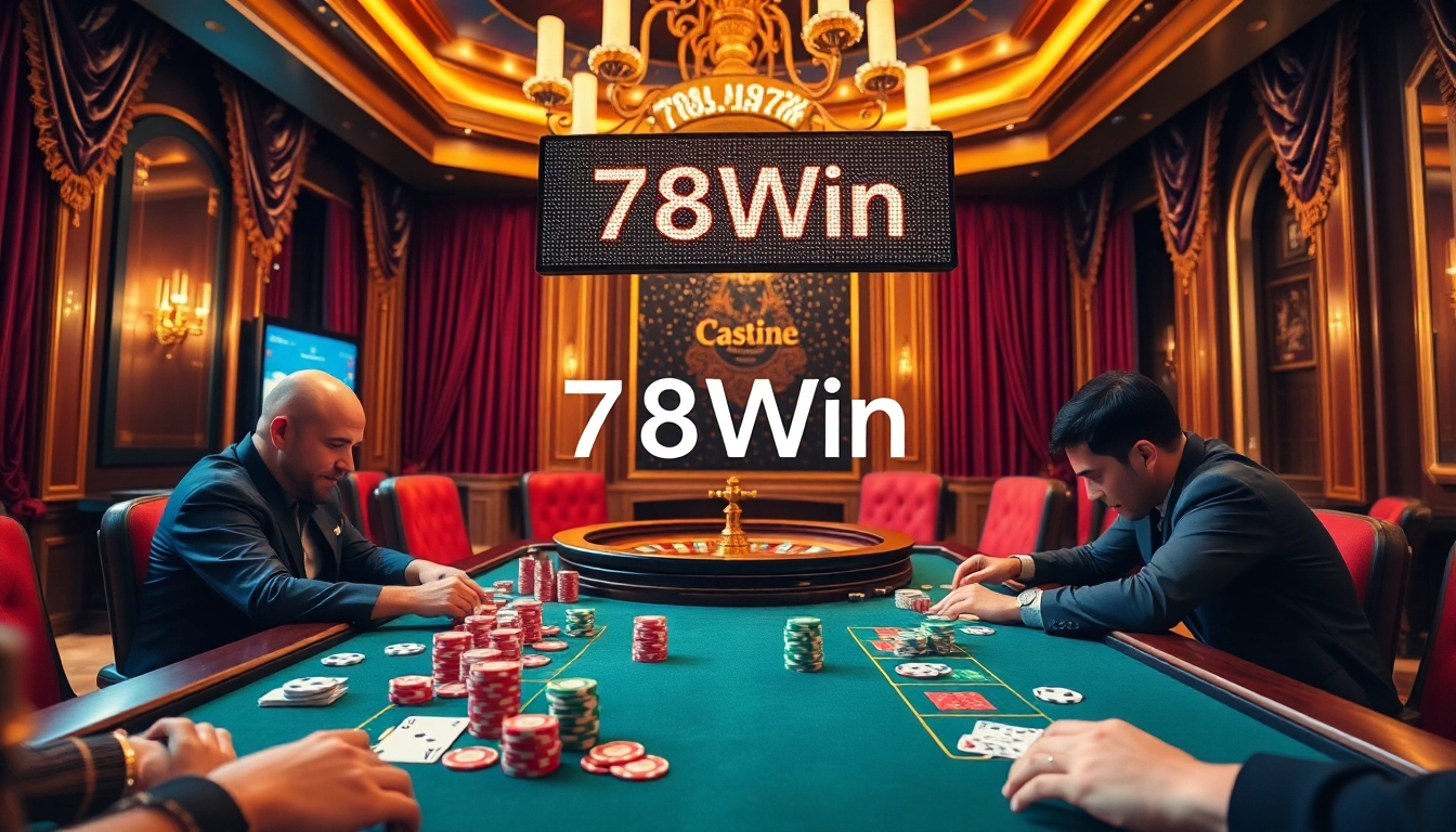 Players experiencing the excitement of 78Win at a high-stakes poker table with vibrant chips.