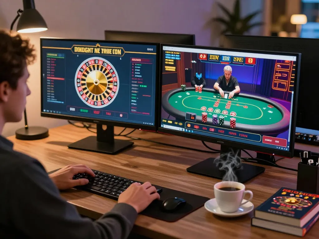 Suasana perjudian online yang menarik di alexis500 menampilkan permainan roulette yang mendebarkan dengan seseorang bermain di dua monitor.