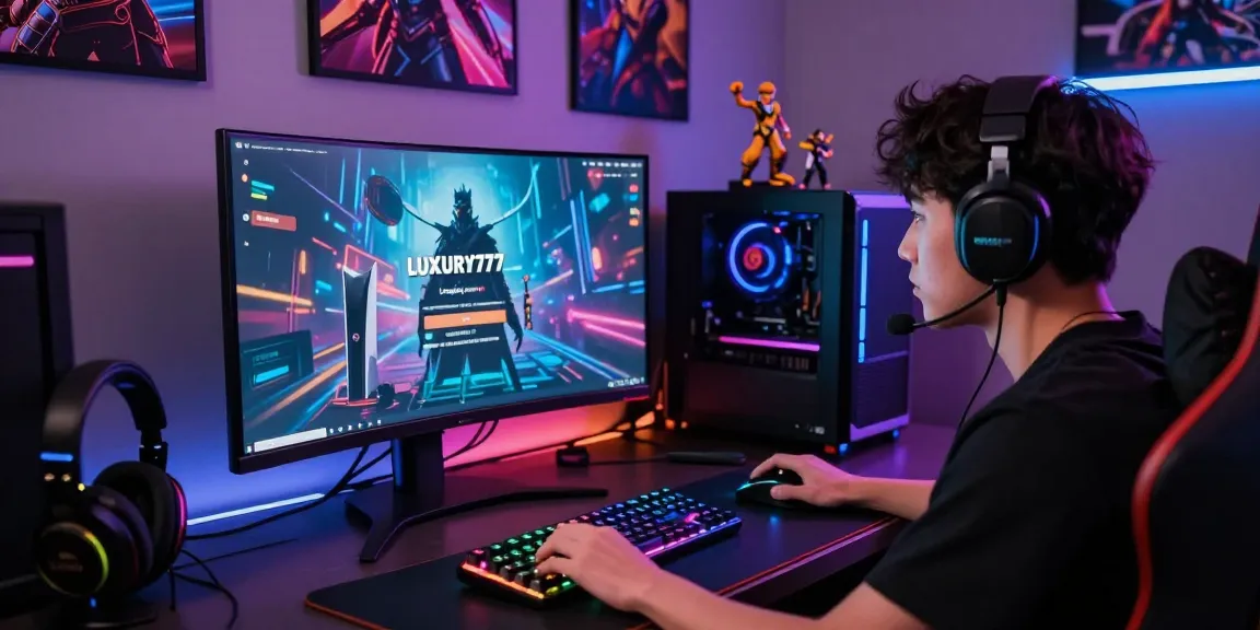 Login LUXURY777 dalam lingkungan gaming modern, gamer fokus pada monitor besar dengan akses antarmuka.
