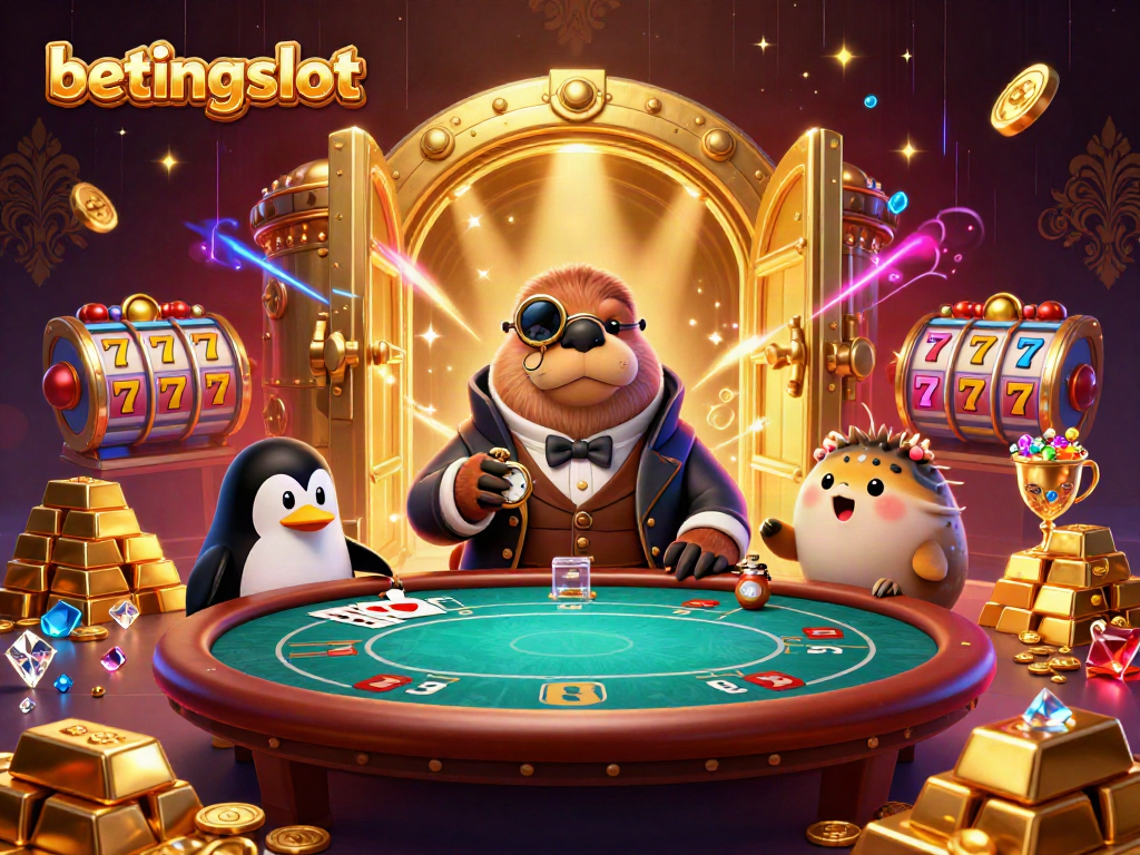 Ilustrasi 3D betingslot dengan walrus jolly dan dealer penguin di meja poker bawah laut