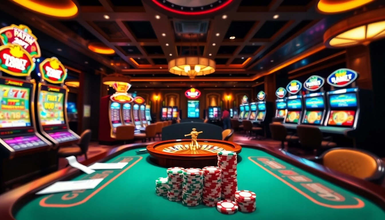 Intensify your gaming experience with 789BET's vibrant casino atmosphere featuring a roulette wheel and slot machines.