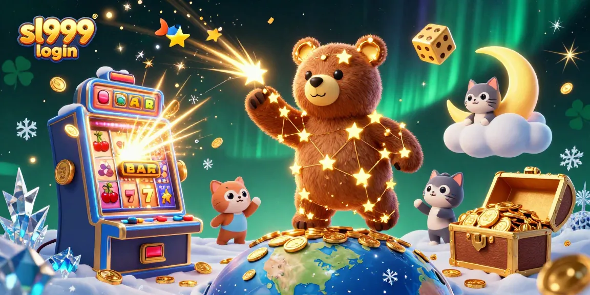 Engage with sl999 login in a vivid casino scene featuring a constellation bear and vibrant gaming elements.
