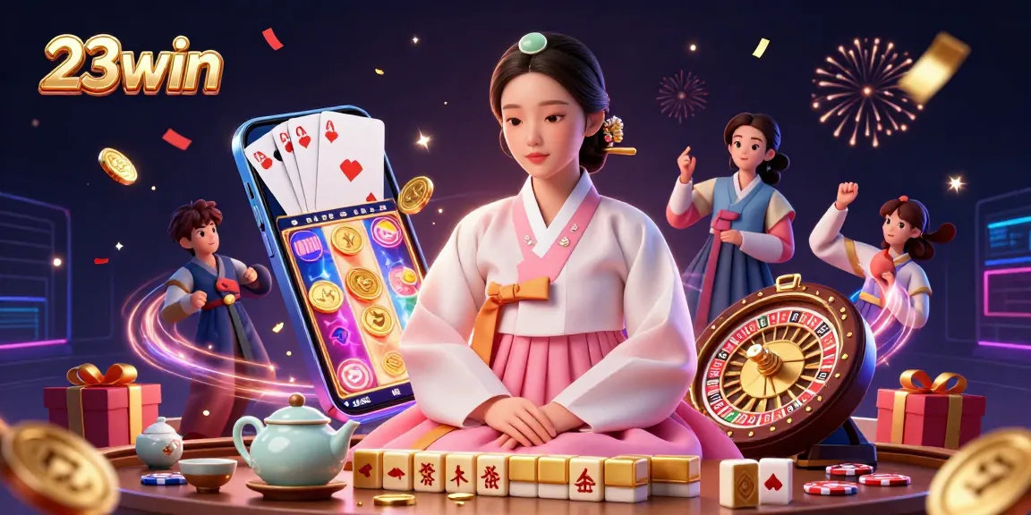 Experience 23win with vibrant casino elements like golden coins, slot games, and lively characters.