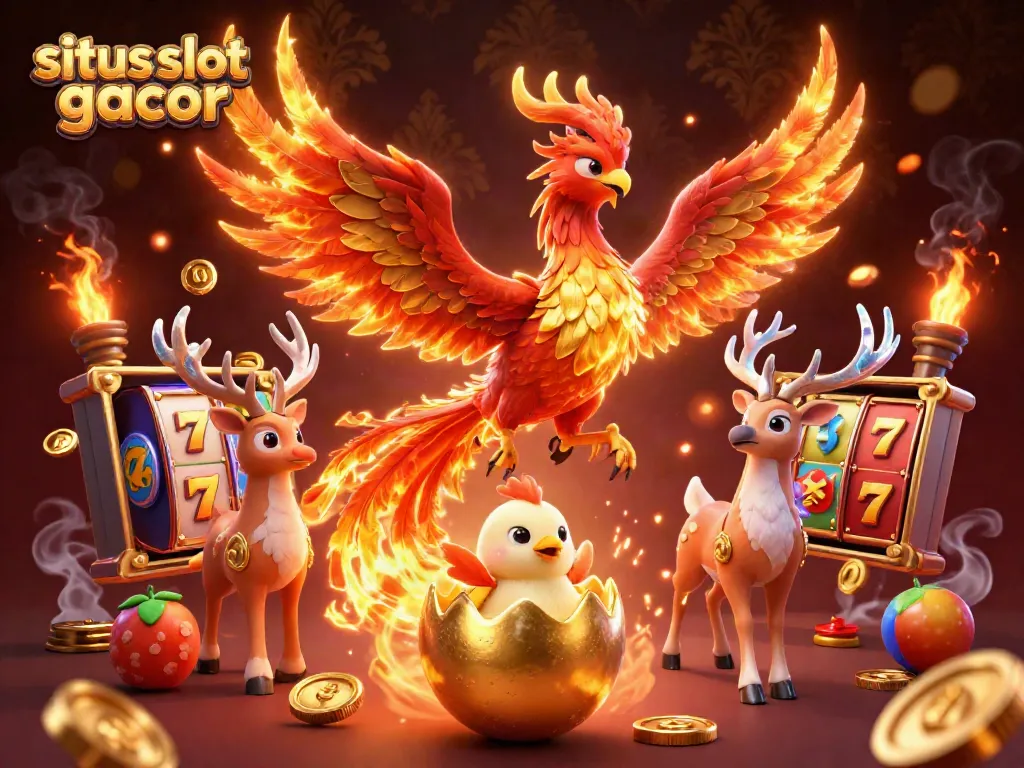 Situs slot gacor menampilkan phoenix api dengan elemen mesin slot dan simbol keberuntungan lainnya