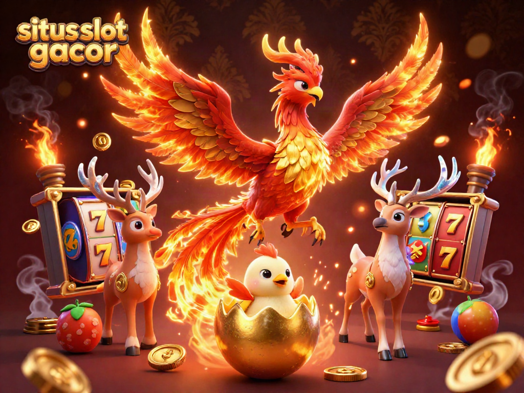 Situs slot gacor menampilkan phoenix api dengan elemen mesin slot dan simbol keberuntungan lainnya