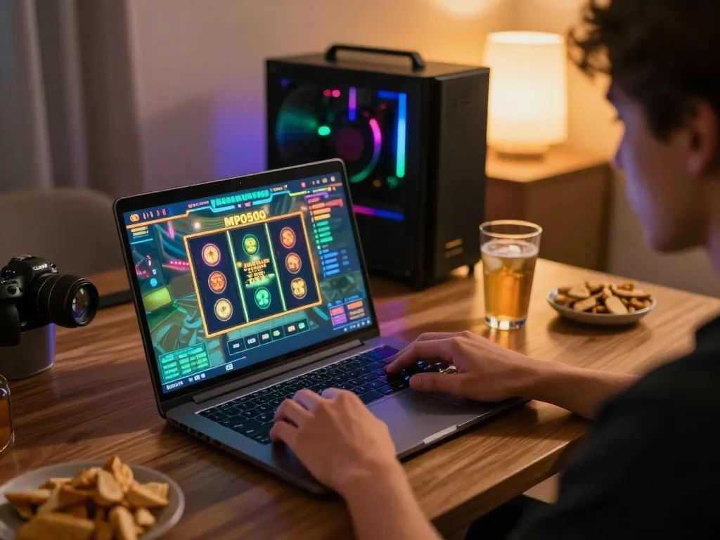Player spinning mpo500 slots on a laptop in a vibrant home gaming setup.