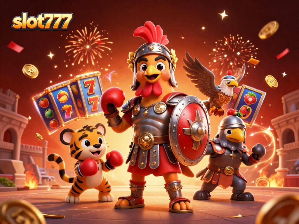 Get lucky with slot777 in this vibrant 3D scene featuring a rooster, tiger cub, and eagle.