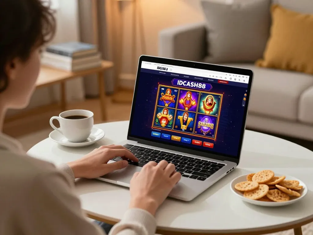 IDCASH88 player engaged in online gaming session at home using laptop with vibrant slot games displayed.