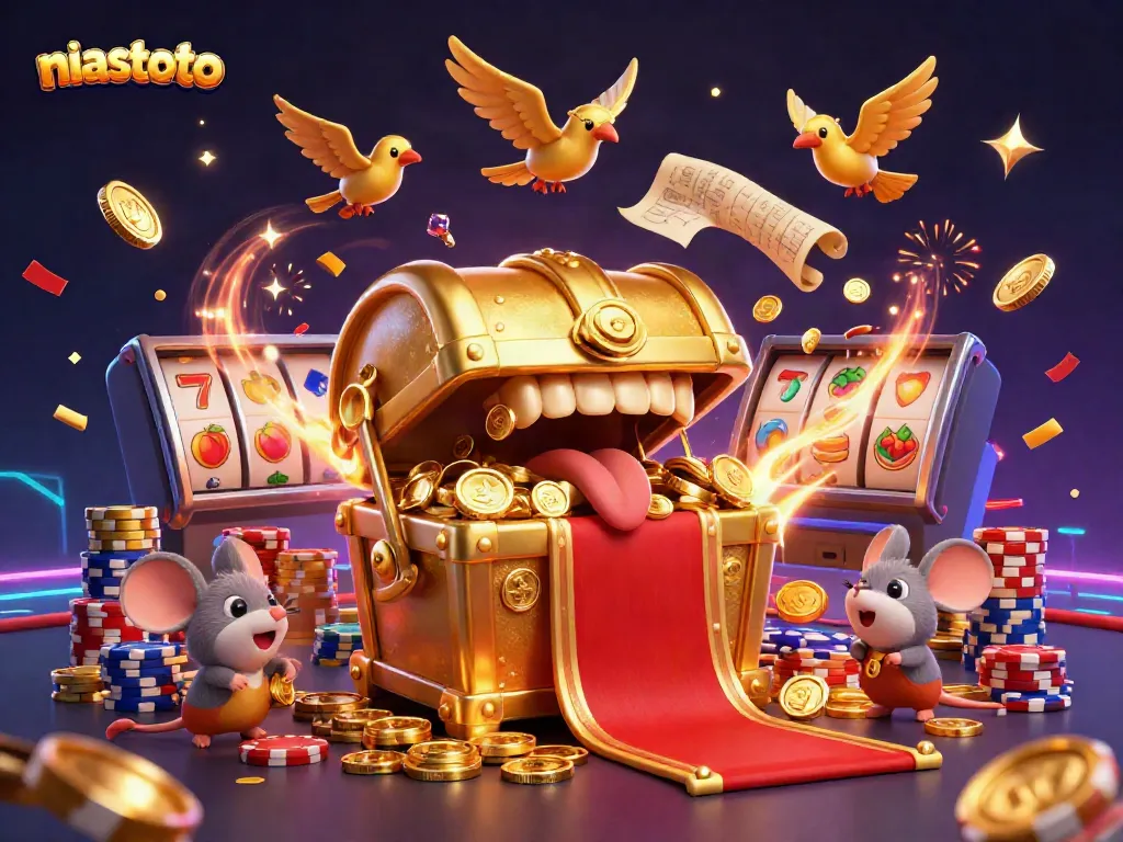 Experience the thrill of winning at niastoto with vibrant slot machines and golden treasures in this 3D illustration.