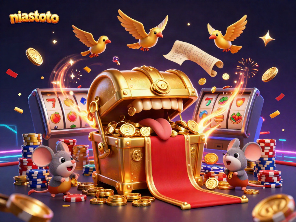 Experience the thrill of winning at niastoto with vibrant slot machines and golden treasures in this 3D illustration.