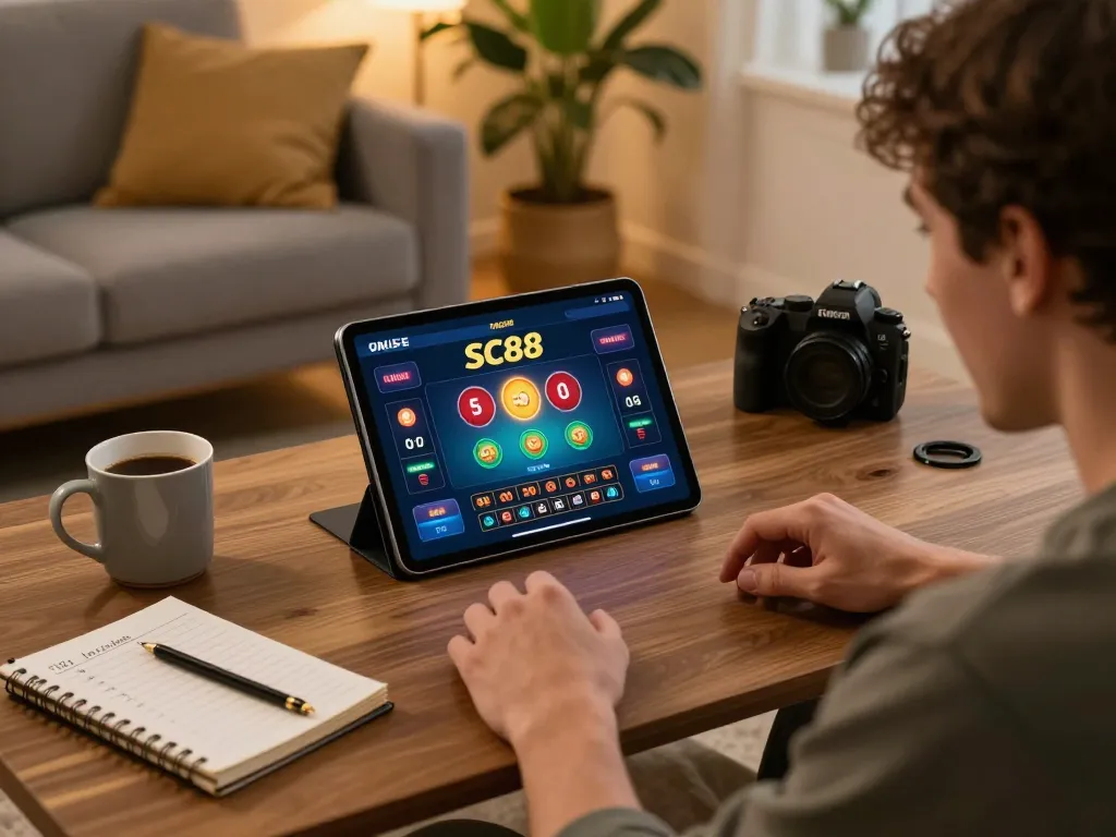 Player engaging with the SC88 app for online casino betting at home