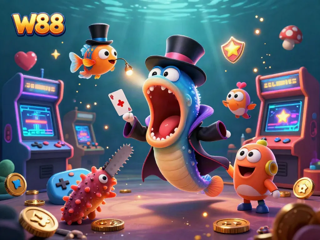 Engage with W88's vibrant casino scene featuring a bioluminescent eel magician showcasing card tricks amid gaming chaos.