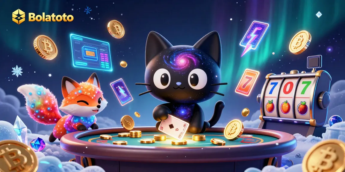 Bolatoto's cosmic casino scene featuring colorful characters and vibrant slot game elements.