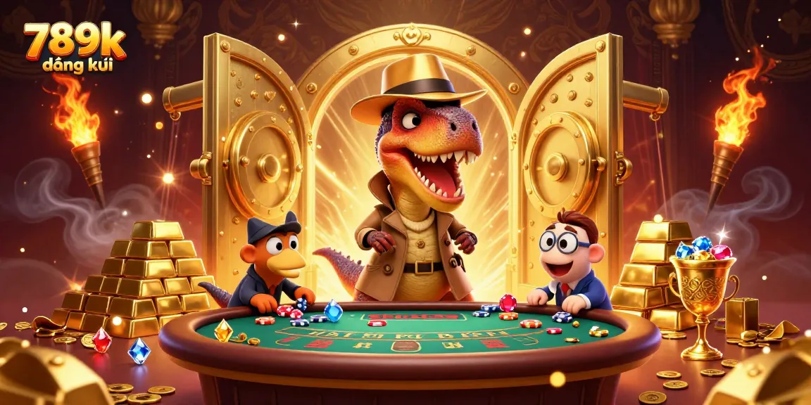 Experience 789k đăng ký with a vibrant scene featuring a velociraptor card counter at a casino table surrounded by treasures.