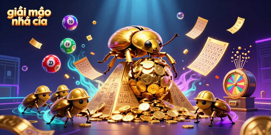 Experience the world of giải mã nhà cái with an illustration of a golden dung beetle navigating a casino wonderland.