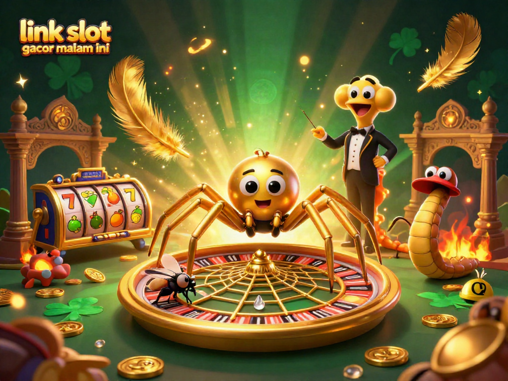 Engage with link slot gacor malam ini at a vibrant carnival scene featuring a golden spider and centipede croupier.