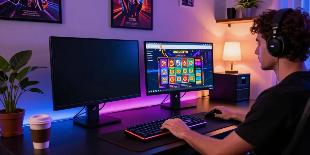 Player interacting with the UNSURTOTO gaming interface in a stylish setup.