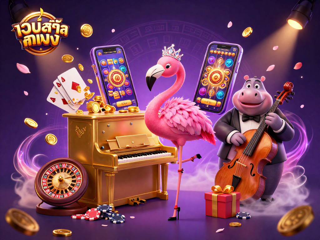 Spin in excitement at เว็บสล็อตตรง with a vibrant flamingo singer and hippo bassist amidst thrilling games!