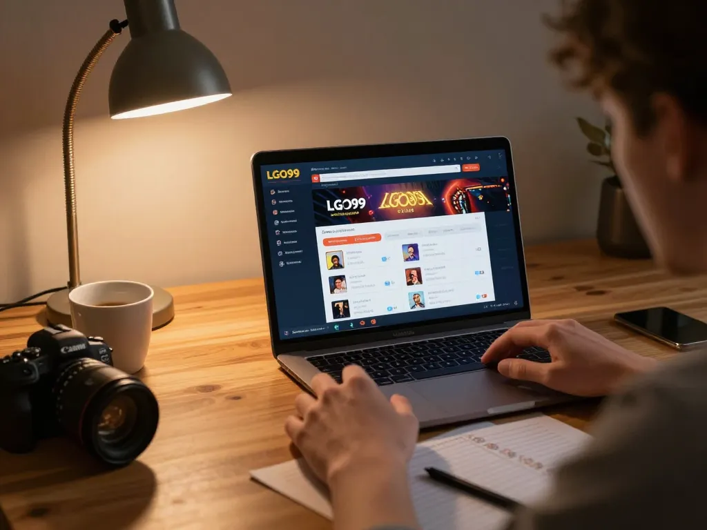 LGO99 user engaging in strategic online gaming with casino app on laptop, cozy home setting.