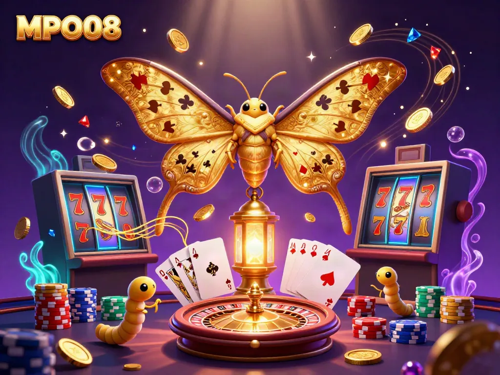 Engage with MPO08's thrilling casino vibes through this vibrant cartoon illustration of playing cards, coins, and a stunning atlas moth.