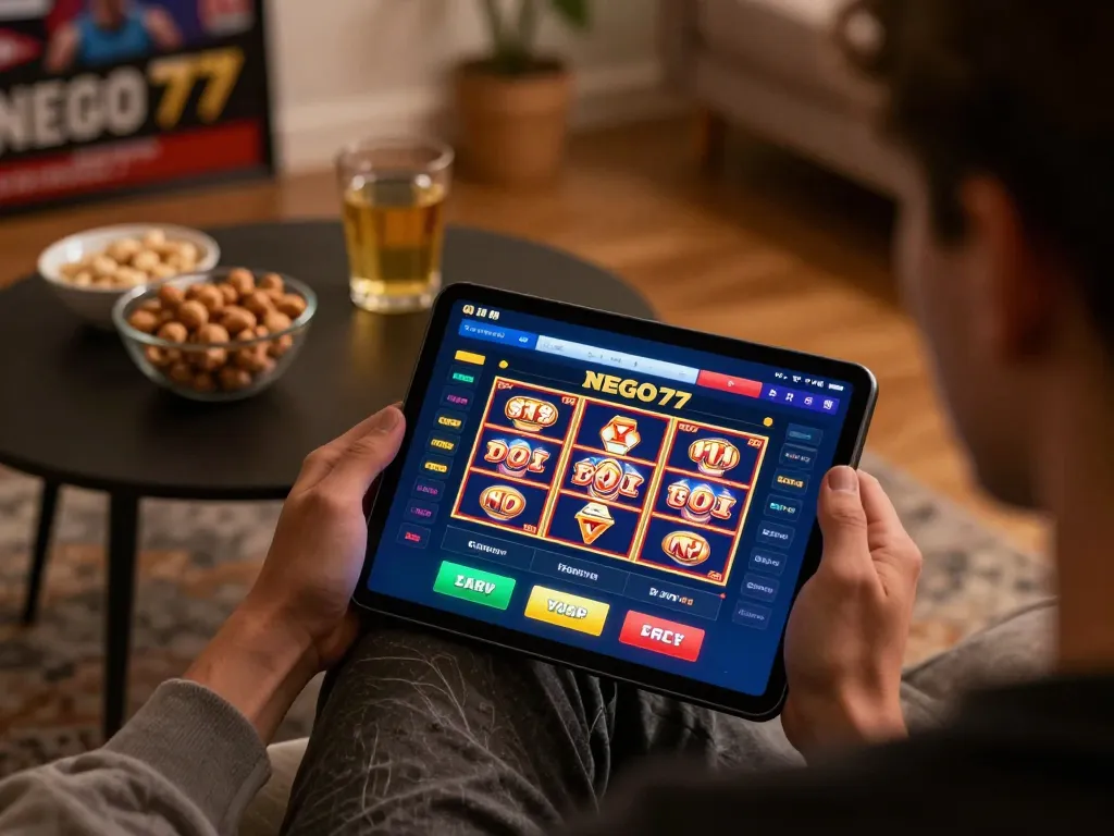 Engaged player exploring NEGO77's mobile gambling platform, showcasing online slots and betting interface