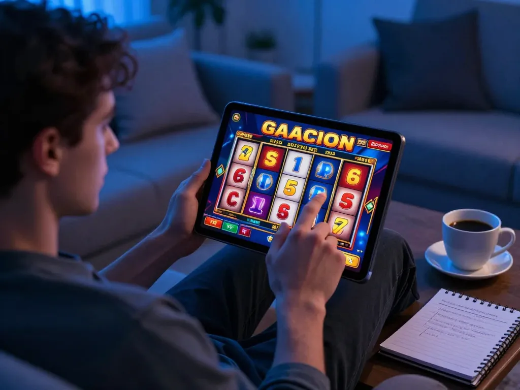 Engaging player enjoying a winning spin in a slots gacor game on a tablet in a cozy home.