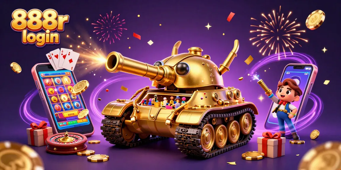 Experience thrilling gameplay with 888r login, where a golden beetle tank reveals a vibrant mini-casino scene.