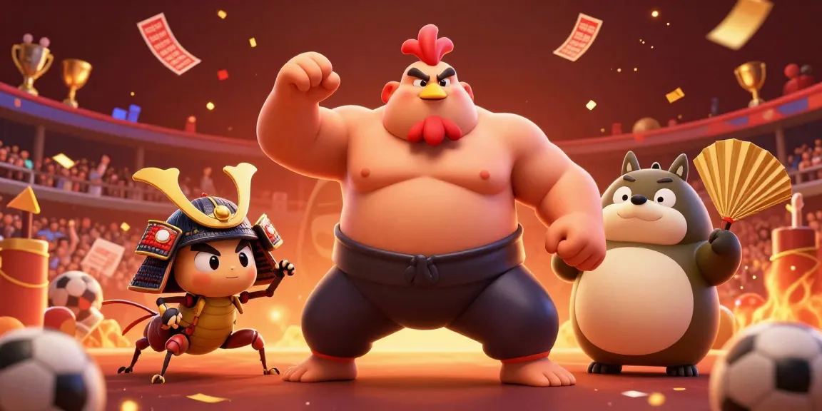 Engage in sports betting at jogja toto with sumo rooster, samurai cricket, and lively stadium backdrop.