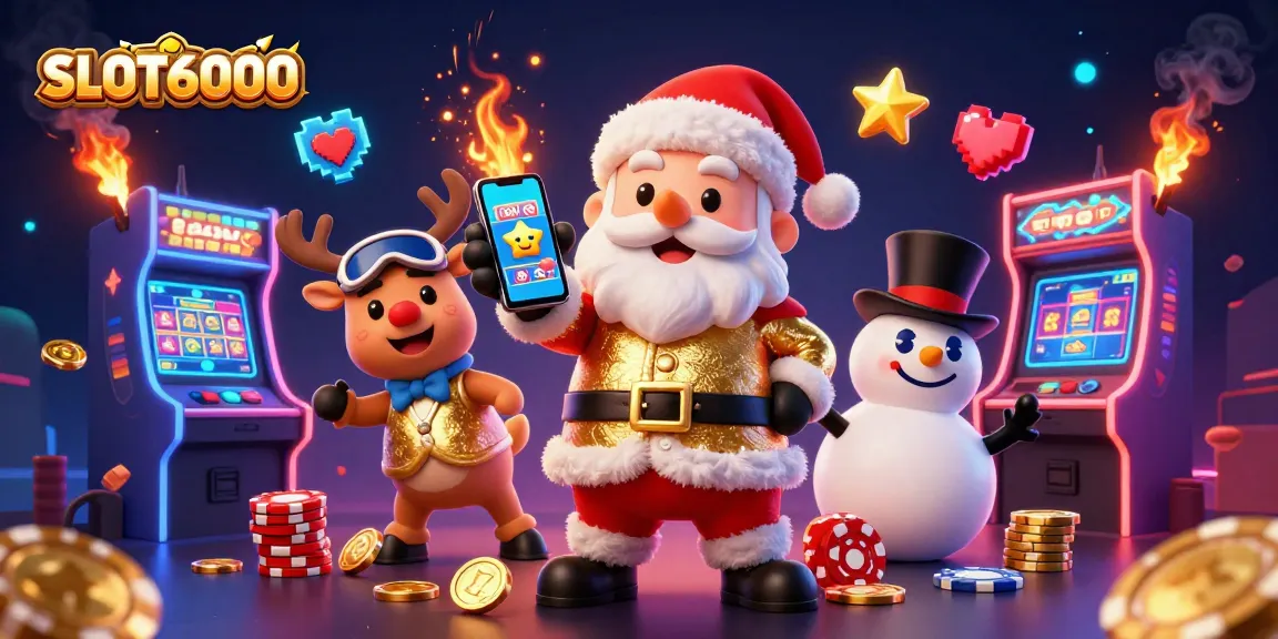 Slot6000 temukan jackpot menakjubkan dengan Santa, rusa, dan snowman di kasino 3D yang cerah.