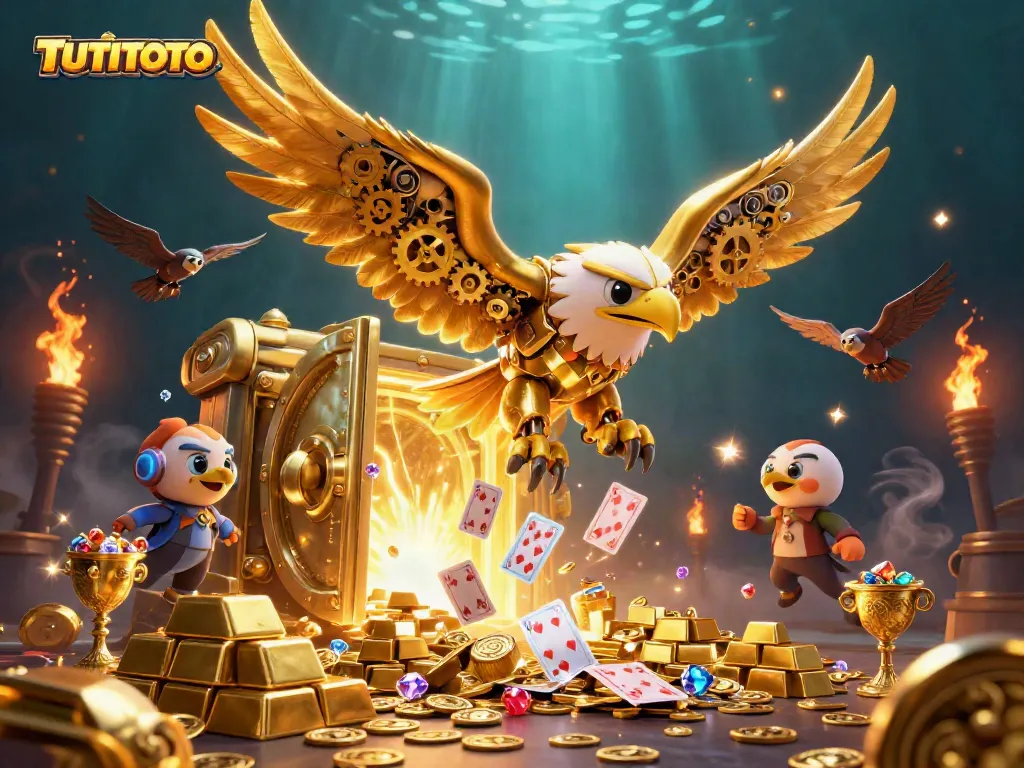 Experience TUTITOTO’s immersive gaming with a golden eagle diving through a cascade of gaming cards.